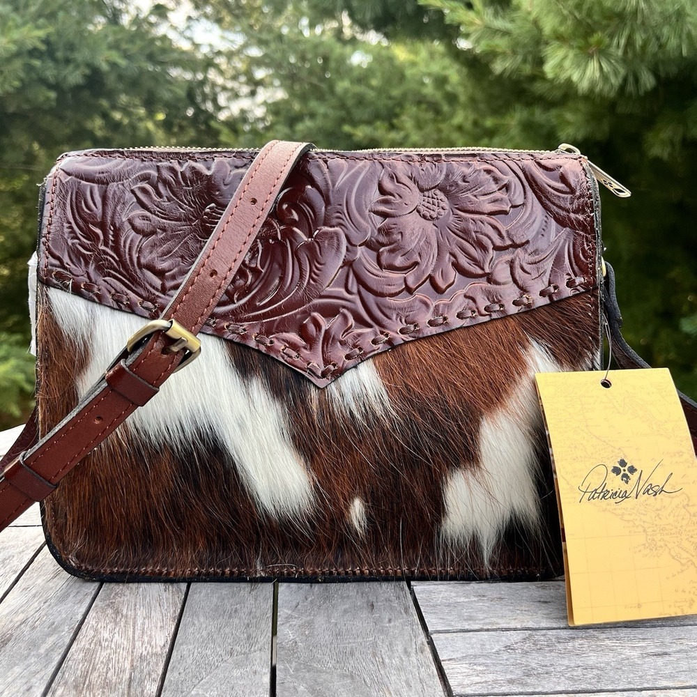 Patricia Nash Crossbody Handbag Cavallino Tooled Nazaire Calf Hair Leather Brown